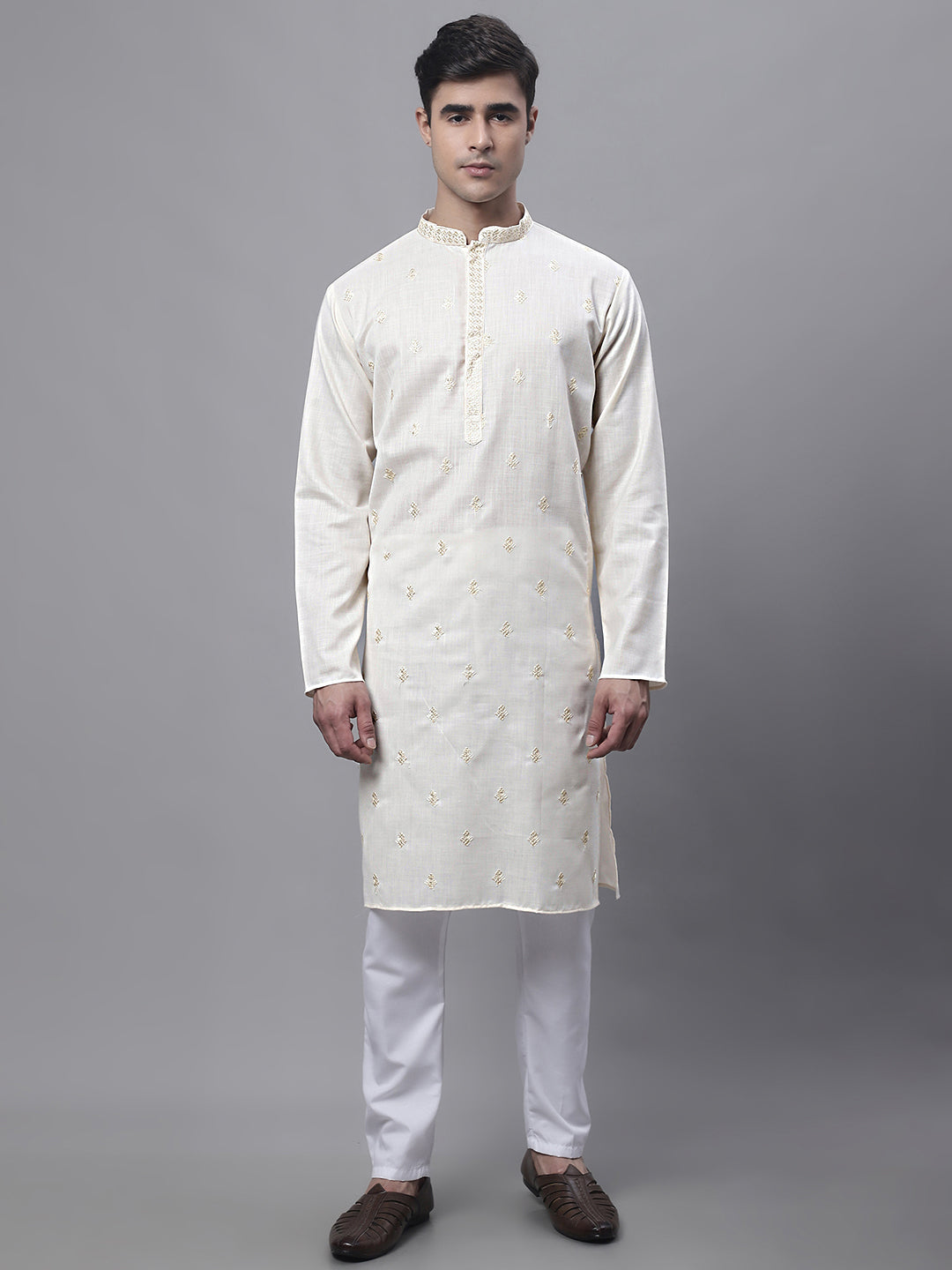 Men's White Embroidered Straight Kurta Pyjama Set