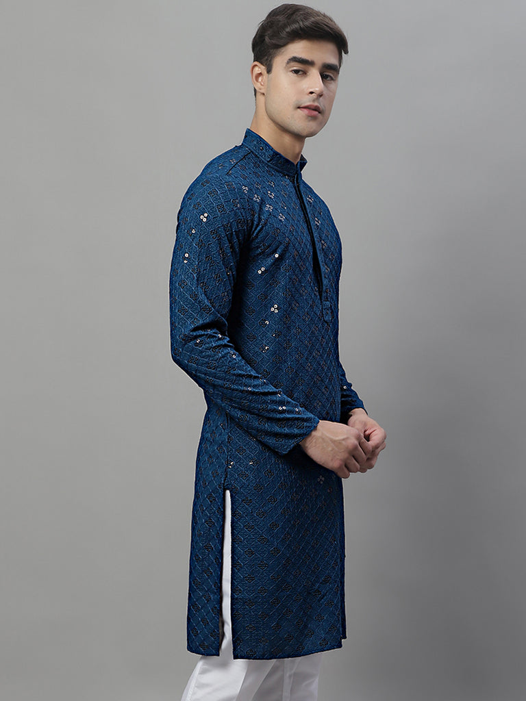 Men's Peacock Blue Chikankari Embroidered and Sequence Kurtas – Jompers