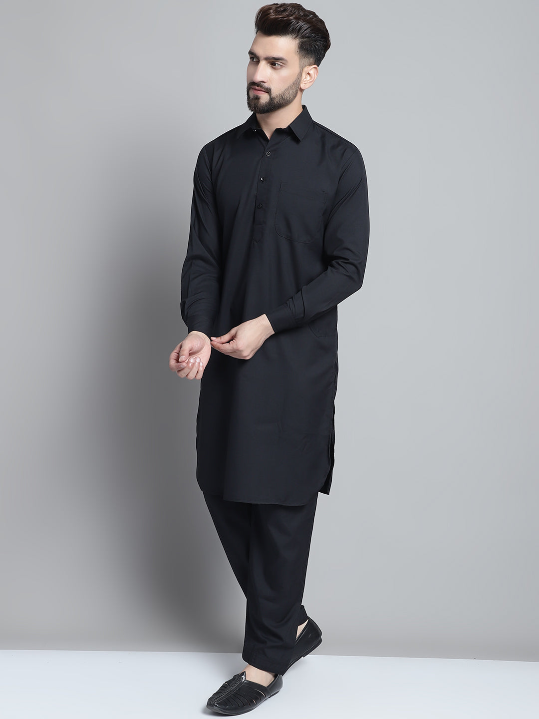 Men's Black Cotton Solid Pathani Kurta with Salwar