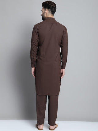 Men's Coffee Brown Cotton Solid Pathani Kurta with Salwar