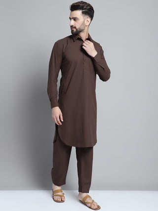 Men's Coffee Brown Cotton Solid Pathani Kurta with Salwar