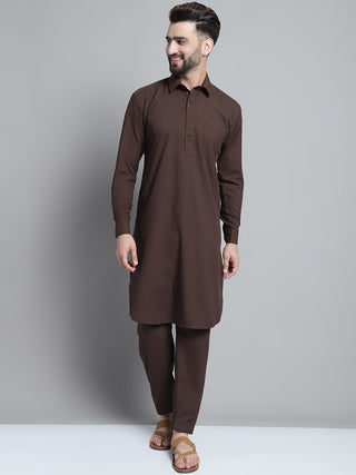 Men's Coffee Brown Cotton Solid Pathani Kurta with Salwar