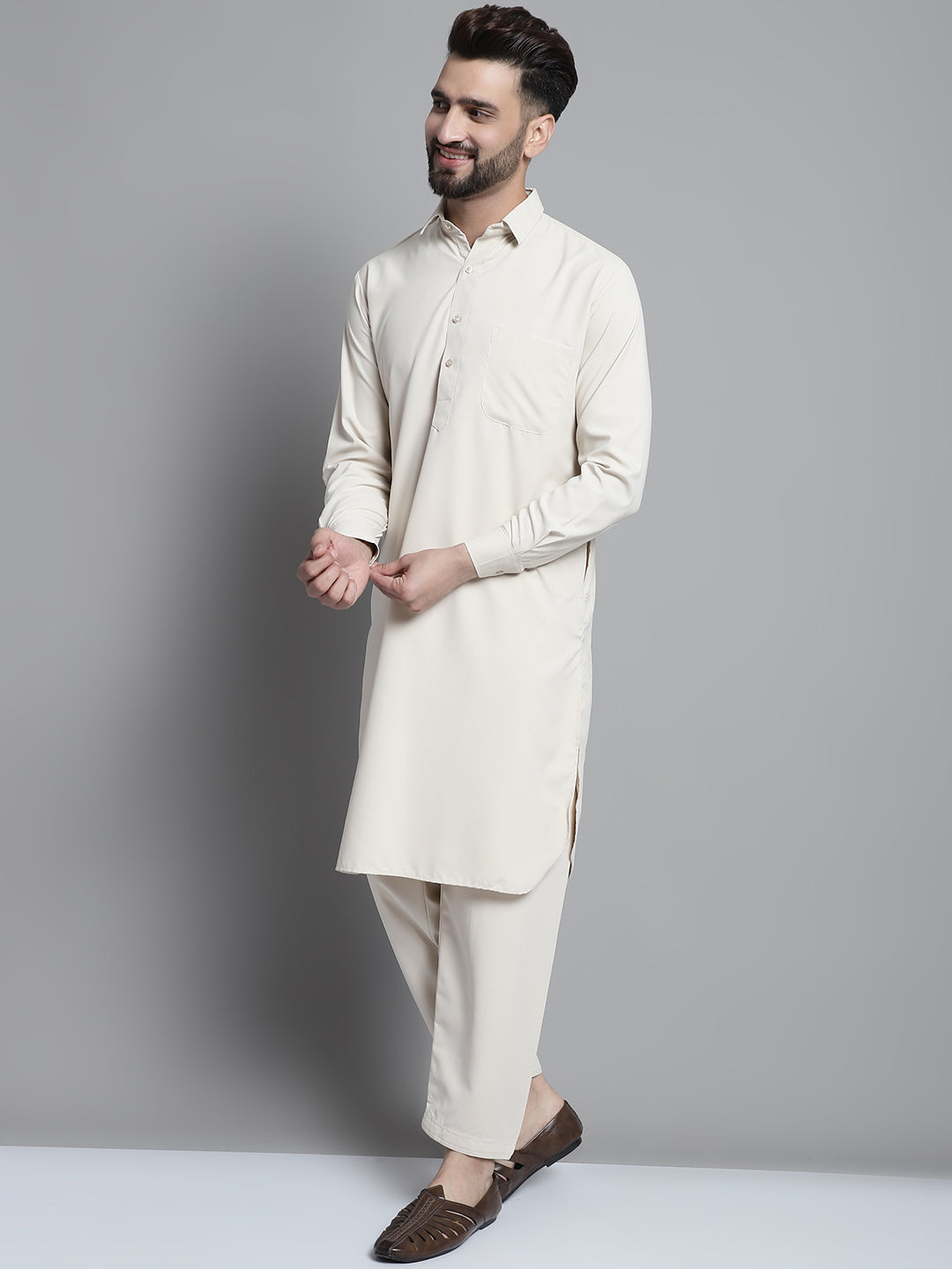 Men's Cream Cotton Solid Pathani Kurta with Salwar