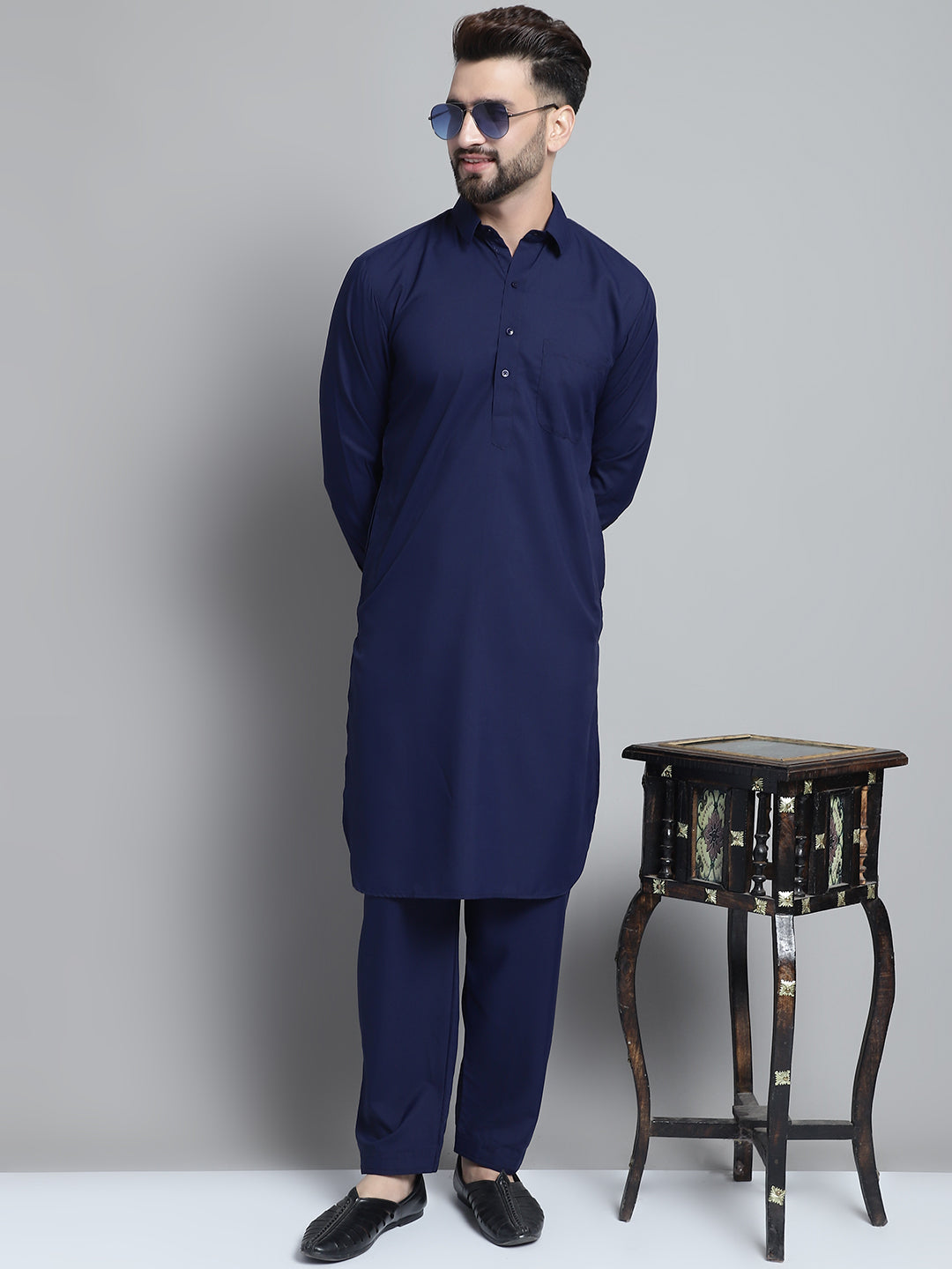 Men's Navy Blue Cotton Solid Pathani Kurta with Salwar