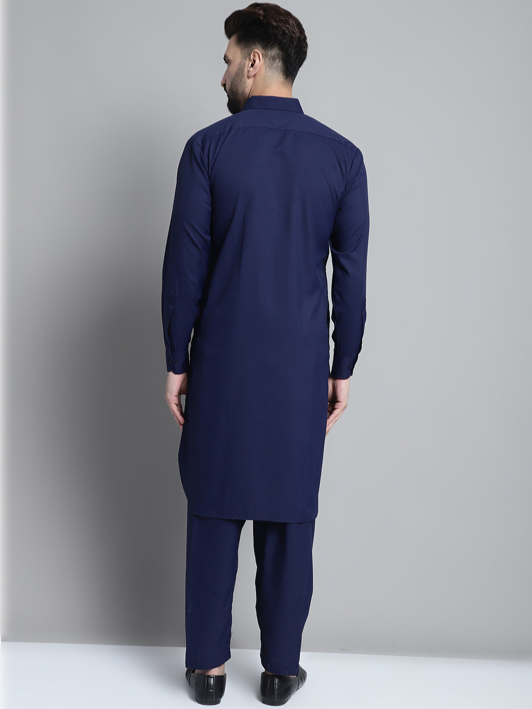 Men's Navy Blue Cotton Solid Pathani Kurta with Salwar