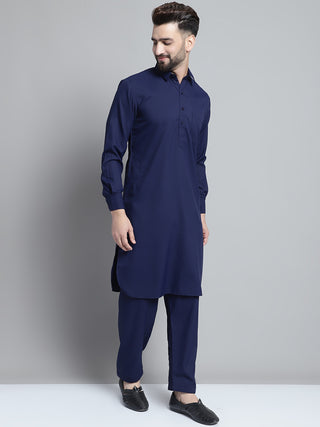 Men's Navy Blue Cotton Solid Pathani Kurta with Salwar