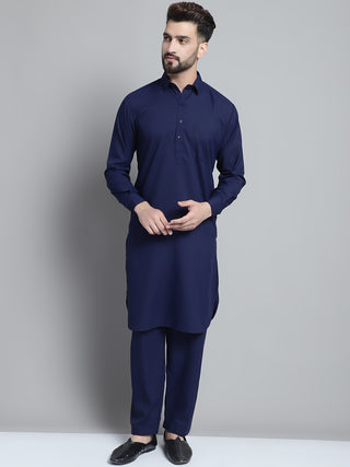 Men's Navy Blue Cotton Solid Pathani Kurta with Salwar