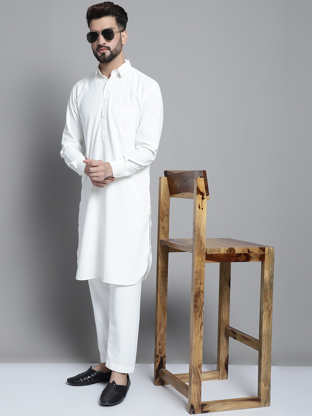 Men's White Cotton Solid Pathani Kurta with Salwar