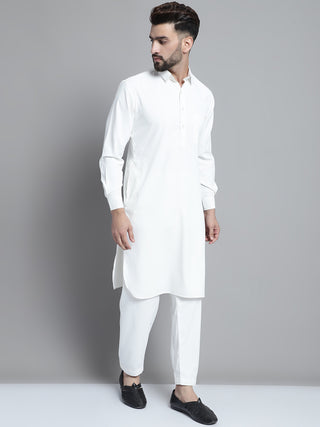 Men's White Cotton Solid Pathani Kurta with Salwar