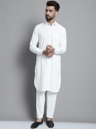 Men's White Cotton Solid Pathani Kurta with Salwar