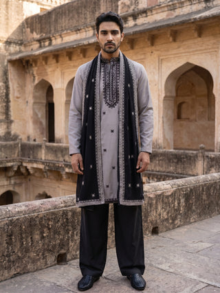 Embroidered Silk Blend Kurta Pyjama and Dupatta Set for Men