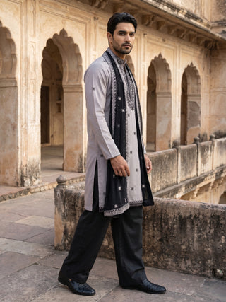 Embroidered Silk Blend Kurta Pyjama and Dupatta Set for Men