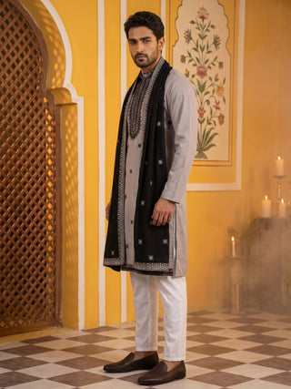 Embroidered Silk Blend Kurta Pyjama and Dupatta Set for Men