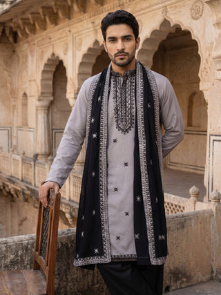 Embroidered Silk Blend Kurta Pyjama and Dupatta Set for Men