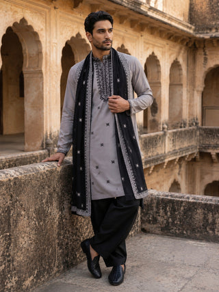 Embroidered Silk Blend Kurta Pyjama and Dupatta Set for Men
