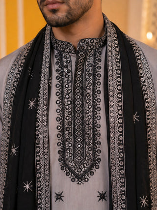 Embroidered Silk Blend Kurta Pyjama and Dupatta Set for Men