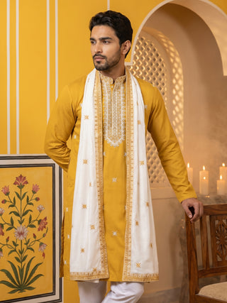 Embroidered Silk Blend Kurta Pyjama and Dupatta Set for Men