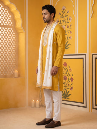 Embroidered Silk Blend Kurta Pyjama and Dupatta Set for Men