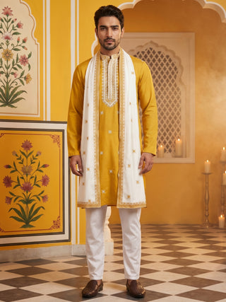Embroidered Silk Blend Kurta Pyjama and Dupatta Set for Men