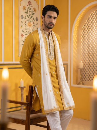 Embroidered Silk Blend Kurta Pyjama and Dupatta Set for Men