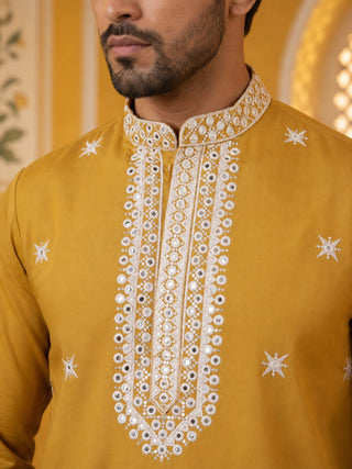 Embroidered Silk Blend Kurta Pyjama and Dupatta Set for Men