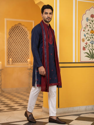 Embroidered Silk Blend Kurta Pyjama and Dupatta Set for Men