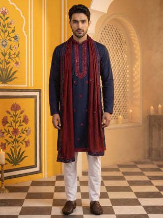 Embroidered Silk Blend Kurta Pyjama and Dupatta Set for Men