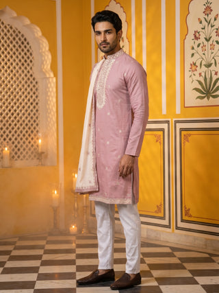 Embroidered Silk Blend Kurta Pyjama and Dupatta Set for Men