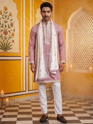 Embroidered Silk Blend Kurta Pyjama and Dupatta Set for Men