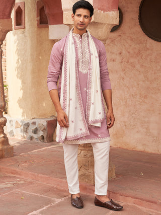 Embroidered Silk Blend Kurta Pyjama and Dupatta Set for Men