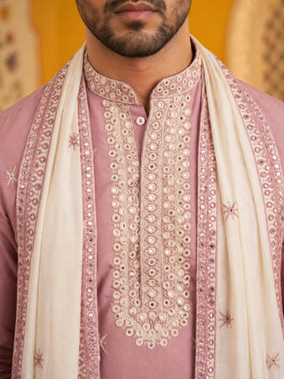 Embroidered Silk Blend Kurta Pyjama and Dupatta Set for Men