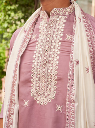 Embroidered Silk Blend Kurta Pyjama and Dupatta Set for Men