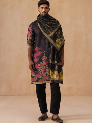 Floral Printed Black Cotton Blend Kurta Set with Dupatta