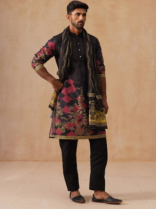 Floral Printed Black Cotton Blend Kurta Set with Dupatta