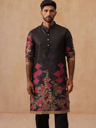 Floral Printed Black Cotton Blend Kurta Set with Dupatta