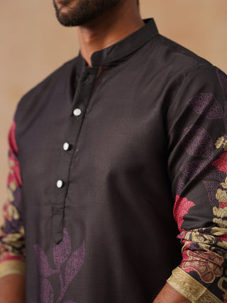 Floral Printed Black Cotton Blend Kurta Set with Dupatta