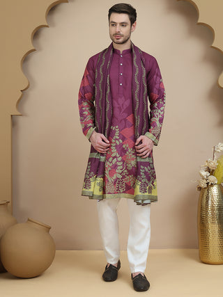 Floral Printed Purple Cotton Blend Kurta Set with Dupatta