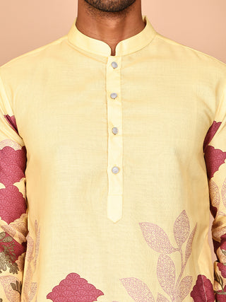 Floral Printed Yellow Cotton Blend Kurta Set with Dupatta