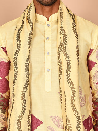 Floral Printed Yellow Cotton Blend Kurta Set with Dupatta