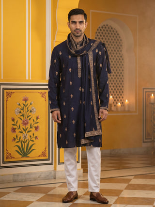 Silk Blend Embroidered Kurta Pyjama With Dupatta