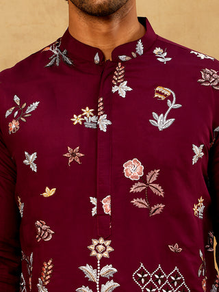 Silk Blend Floral Embroidered Kurta Pyjama Set