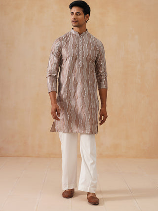 Silk Blend Kurta Pyjama Set with Mirror Work Embroidery