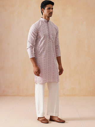 Pink Kurta Set with White Thread Embroidery