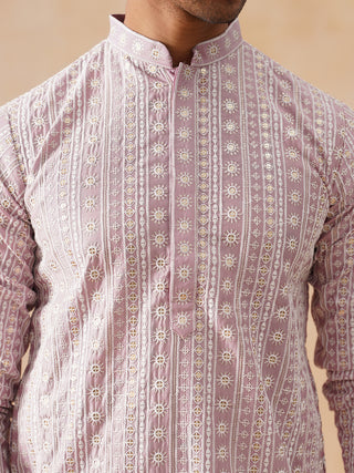 Pink Kurta Set with White Thread Embroidery