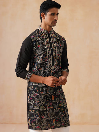 Silk Blend Kurta with Multicolor Embroidery