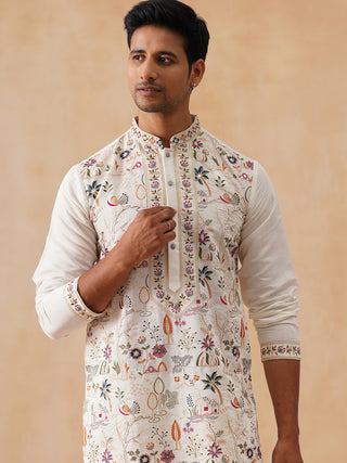 Silk Blend Kurta Set with Multicolor Embroidery