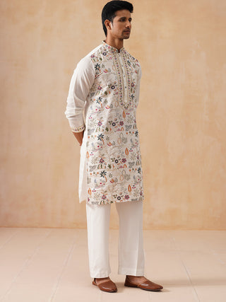 Silk Blend Kurta Set with Multicolor Embroidery