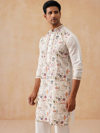 Silk Blend Kurta Set with Multicolor Embroidery