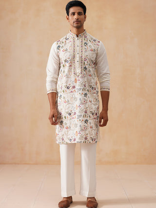 Silk Blend Kurta Set with Multicolor Embroidery