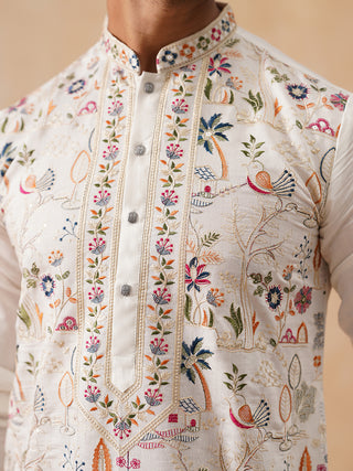 Silk Blend Kurta Set with Multicolor Embroidery